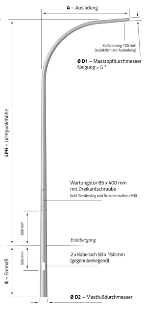 Lichtmast verzinkt in Form von Peitschenmast - konisch